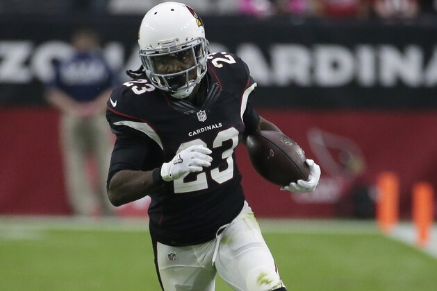 Arizona Cardinals running back Chris Johnson (23) an NFL football game against the Los Angeles Rams, Sunday, Oct. 2, 2016, in Glendale, Ariz.  (AP Photo/Rick Scuteri)