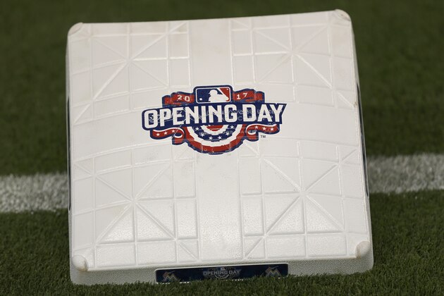 A base with an Opening Day logo on it is shown before the start of a baseball game between the Miami Marlins and the Atlanta Braves, Tuesday, April 11, 2017, in Miami. (AP Photo/Wilfredo Lee)
