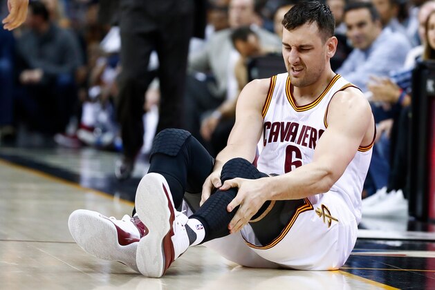 CLEVELAND, OH - MARCH 06: Andrew Bogut #6 of the Cleveland Cavaliers reacts after getting hurt in the first half while playing the Miami Heat at Quicken Loans Arena on March 6, 2017 in Cleveland, Ohio. NOTE TO USER: User expressly acknowledges and agrees that, by downloading and or using this photograph, User is consenting to the terms and conditions of the Getty Images License Agreement.  (Photo by Gregory Shamus/Getty Images)