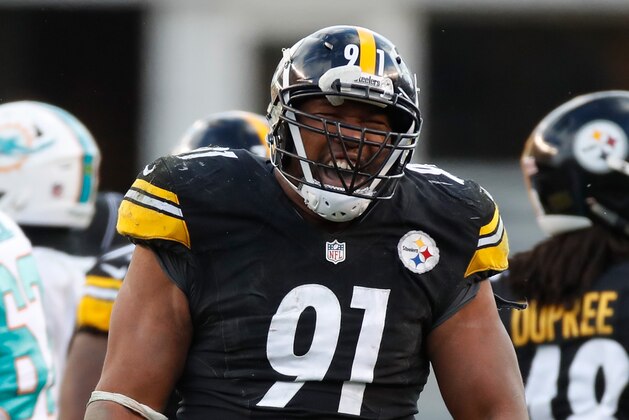 PITTSBURGH, PA - JANUARY 08:  Stephon Tuitt #91 of the Pittsburgh Steelers celebrates after a sack during the third quarter against the Miami Dolphins in the AFC Wild Card game at Heinz Field on January 8, 2017 in Pittsburgh, Pennsylvania.  (Photo by Gregory Shamus/Getty Images)