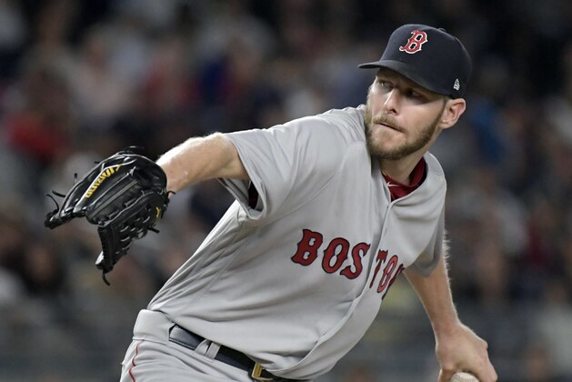 Boston Red Sox starting pitcher Chris Sale delivers the ball to the New York Yankees during the second inning of a baseball game Sunday, Sept. 3, 2017, at Yankee Stadium in New York. (AP Photo/Bill Kostroun)