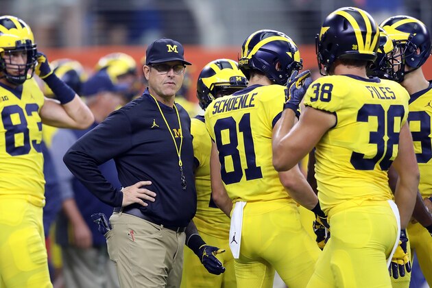 ARLINGTON, TX - SEPTEMBER 02:  Head coach Jim Harbaugh of the Michigan Wolverines during warmups before the college football game against the Florida Gators at AT&T Stadium on September 2, 2017 in Arlington, Texas.  (Photo by Ronald Martinez/Getty Images)
