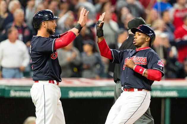 CLEVELAND, OH - SEPTEMBER 11: Yan Gomes #7 celebrates with Greg Allen #53 of the Cleveland Indians after both scored on a hit by Francisco Lindor #12 during the second inning against the Detroit Tigers at Progressive Field on September 11, 2017 in Cleveland, Ohio. (Photo by Jason Miller/Getty Images)