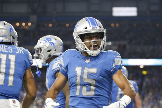 Sep 10, 2017; Detroit, MI, USA; Detroit Lions wide receiver Golden Tate (15) yells out after a touchdown by wide receiver Kenny Golladay (not pictured) during the fourth quarter against the Arizona Cardinals at Ford Field. Mandatory Credit: Raj Mehta-USA TODAY Sports