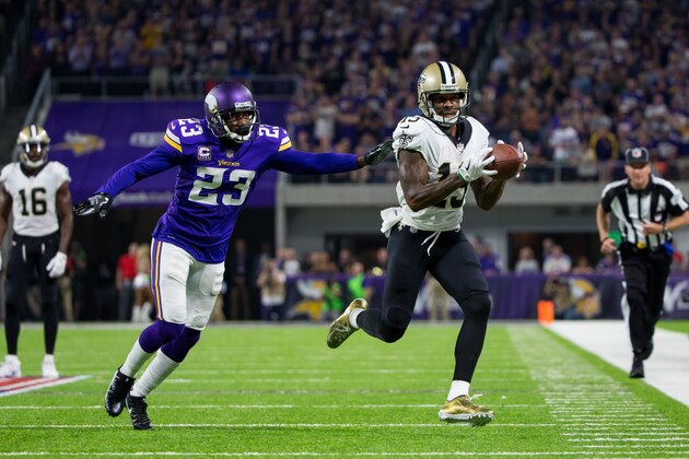 Sep 11, 2017; Minneapolis, MN, USA; New Orleans Saints wide receiver Ted Ginn Jr. (19) catches a pass in the fourth quarter against the Minnesota Vikings defensive back Terence Newman (23) at U.S. Bank Stadium. Mandatory Credit: Brad Rempel-USA TODAY Sports