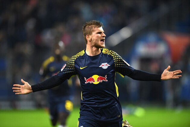 Leipzig´s striker Timo Werner celebrates after scoring during German first division Bundesliga football match between Hamburger SV and RB Leipzig in Hamburg on September 8, 2017. / AFP PHOTO / PATRIK STOLLARZ / RESTRICTIONS: DURING MATCH TIME: DFL RULES TO LIMIT THE ONLINE USAGE TO 15 PICTURES PER MATCH AND FORBID IMAGE SEQUENCES TO SIMULATE VIDEO. == RESTRICTED TO EDITORIAL USE == FOR FURTHER QUERIES PLEASE CONTACT DFL DIRECTLY AT + 49 69 650050
 / RESTRICTIONS: DURING MATCH TIME: DFL RULES TO LIMIT THE ONLINE USAGE TO 15 PICTURES PER MATCH AND FORBID IMAGE SEQUENCES TO SIMULATE VIDEO. == RESTRICTED TO EDITORIAL USE == FOR FURTHER QUERIES PLEASE CONTACT DFL DIRECTLY AT + 49 69 650050        (Photo credit should read PATRIK STOLLARZ/AFP/Getty Images)