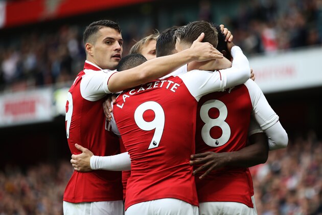 LONDON, ENGLAND - SEPTEMBER 09: Danny Welbeck of Arsenal obscure) celebrates scoring his sides third goal with his Arsenal team mates during the Premier League match between Arsenal and AFC Bournemouth at Emirates Stadium on September 9, 2017 in London, England.  (Photo by Julian Finney/Getty Images)
