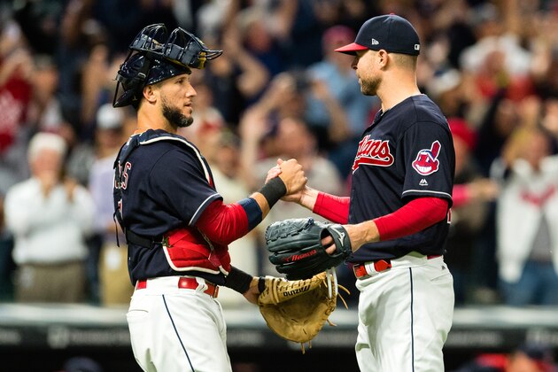 CLEVELAND, OH - SEPTEMBER 12: Catcher Yan Gomes celebrates with starting pitcher Corey Kluber #28 of the Cleveland Indians after the Indians defeated the Detroit Tigers at Progressive Field on September 12, 2017 in Cleveland, Ohio. The Indians defeated the Tigers for their 20th straight win. (Photo by Jason Miller/Getty Images)