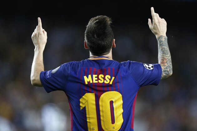 Barcelona's Lionel Messi celebrates after scoring his side's first goal during a Champions League group D soccer match between FC Barcelona and Juventus at the Camp Nou stadium in Barcelona, Spain, Tuesday, Sept. 12, 2017. (AP Photo/Francisco Seco)