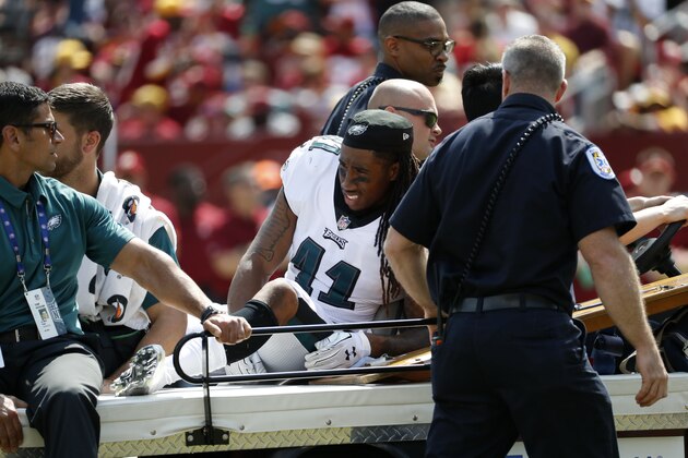 Philadelphia Eagles cornerback Ronald Darby rides a cart off the field after being injured in the first half of an NFL football game against the Washington Redskins, Sunday, Sept. 10, 2017, in Landover, Md. (AP Photo/Alex Brandon)