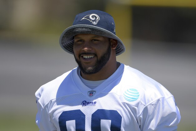Jun 14, 2017; Thousand Oaks, CA, USA; Los Angeles Rams defensive tackle Aaron Donald (99) at minicamp at California Lutheran University. Mandatory Credit: Kirby Lee-USA TODAY Sports