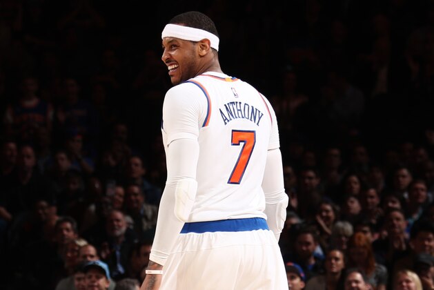 NEW YORK, NY - FEBRUARY 27:  Carmelo Anthony #7 of the New York Knicks is seen during the game against the Toronto Raptors on February 27, 2017 at Madison Square Garden in New York City.  NOTE TO USER: User expressly acknowledges and agrees that, by downloading and or using this photograph, User is consenting to the terms and conditions of the Getty Images License Agreement. Mandatory Copyright Notice: Copyright 2016 NBAE  (Photo by Nathaniel S. Butler/NBAE via Getty Images)