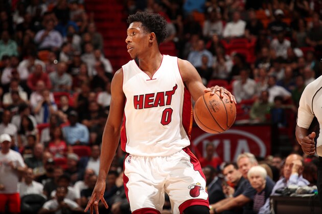 MIAMI, FL - APRIL 12: Josh Richardson #0 of the Miami Heat handles the ball during the game against the Washington Wizards on April 12, 2017 at AmericanAirlines Arena in Miami, Florida. NOTE TO USER: User expressly acknowledges and agrees that, by downloading and or using this Photograph, user is consenting to the terms and conditions of the Getty Images License Agreement. Mandatory Copyright Notice: Copyright 2017 NBAE (Photo by Issac Baldizon/NBAE via Getty Images)