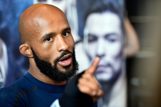EDMONTON, AB - SEPTEMBER 07:  UFC flyweight champion Demetrious Johnson interacts with media at Rogers Place on September 7, 2017 in Edmonton, Alberta, Canada. (Photo by Jeff Bottari/Zuffa LLC/Zuffa LLC via Getty Images)