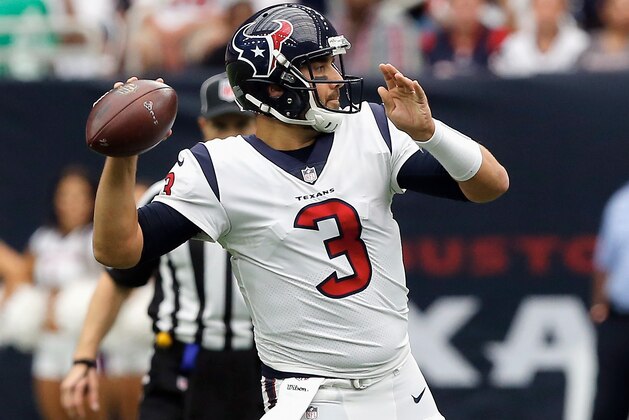 HOUSTON, TX - SEPTEMBER 10: Tom Savage #3 of the Houston Texans looks for a receiver against the Jacksonville Jaguars at NRG Stadium on September 10, 2017 in Houston, Texas.  (Photo by Bob Levey/Getty Images)