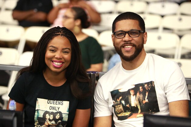LOS ANGELES, CA - JUNE 24:  Jemele Hill (L) and Michael Smith at the Slam Dunk Contest during the 2017 BET Experience at Los Angeles Convention Center on June 24, 2017 in Los Angeles, California.  (Photo by Leon Bennett/Getty Images for BET)