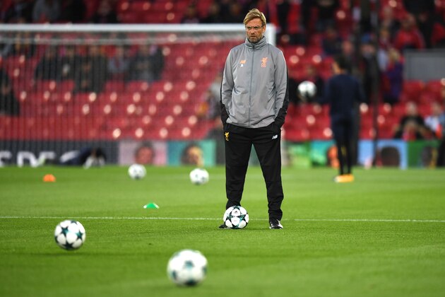 Liverpool's German manager Jurgen Klopp looks on before the UEFA Champions League Group E football match between Liverpool and Sevilla at Anfield in Liverpool, north-west England on September 13, 2017. / AFP PHOTO / Paul ELLIS        (Photo credit should read PAUL ELLIS/AFP/Getty Images)