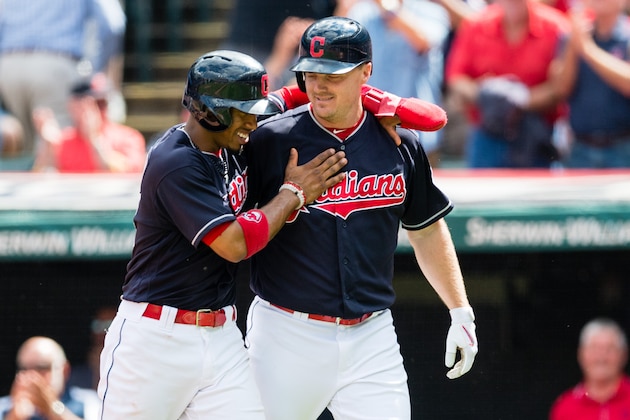 CLEVELAND, OH - SEPTEMBER 13: Francisco Lindor #12  celebrates with Jay Bruce #32 of the Cleveland Indians after both scored during the first inning on a home run by Bruce at Progressive Field on September 13, 2017 in Cleveland, Ohio. (Photo by Jason Miller/Getty Images)