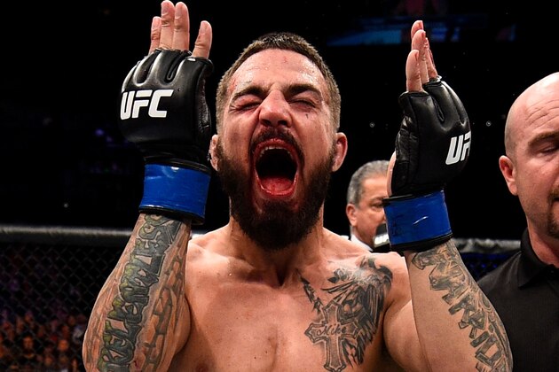 NASHVILLE, TN - APRIL 22:  Mike Perry celebrates after his knockout victory over Jake Ellenberger in their welterweight bout during the UFC Fight Night event at Bridgestone Arena on April 22, 2017 in Nashville, Tennessee. (Photo by Jeff Bottari/Zuffa LLC/Zuffa LLC via Getty Images)