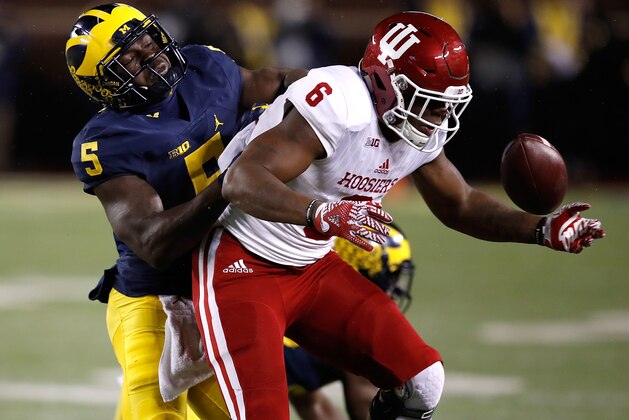 ANN ARBOR, MI - NOVEMBER 19: Camion Patrick #6 of the Indiana Hoosiers can't pull in a second half pass while being defended by Jabrill Peppers #5 of the Michigan Wolverines on November 19, 2016 at Michigan Stadium in Ann Arbor, Michigan. Michigan won the game 20-10. (Photo by Gregory Shamus/Getty Images)