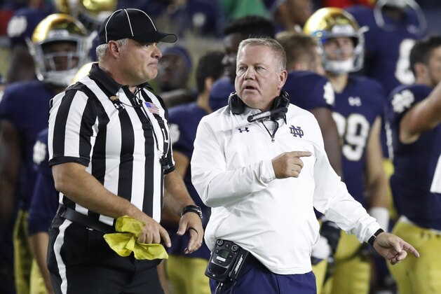 SOUTH BEND, IN - SEPTEMBER 09: Head coach Brian Kelly of the Notre Dame Fighting Irish questions an official in the third quarter of a game against the Georgia Bulldogs at Notre Dame Stadium on September 9, 2017 in South Bend, Indiana. Georgia won 20-19. (Photo by Joe Robbins/Getty Images)