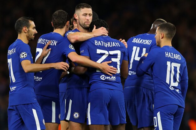 LONDON, ENGLAND - SEPTEMBER 12:  Michy Batshuayi of Chelsea celebrates scoring his sides fifth goal with his Chelsea team mates during the UEFA Champions League Group C match between Chelsea FC and Qarabag FK at Stamford Bridge on September 12, 2017 in London, United Kingdom.  (Photo by Richard Heathcote/Getty Images)