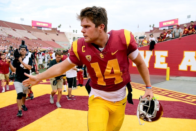LOS ANGELES, CA - SEPTEMBER 02:  Sam Darnold #14 of the USC Trojans leaves the field after a 49-31 win over the Western Michigan Broncos at Los Angeles Memorial Coliseum on September 2, 2017 in Los Angeles, California.  (Photo by Harry How/Getty Images)
