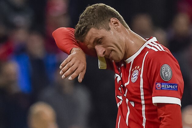 Bayern Munich's German striker Thomas Mueller reacts during the Champions League group B match between Bayern Munich and RSC Anderlecht in Munich, southern Germany, on September 12, 2017.  / AFP PHOTO / GUENTER SCHIFFMANN        (Photo credit should read GUENTER SCHIFFMANN/AFP/Getty Images)