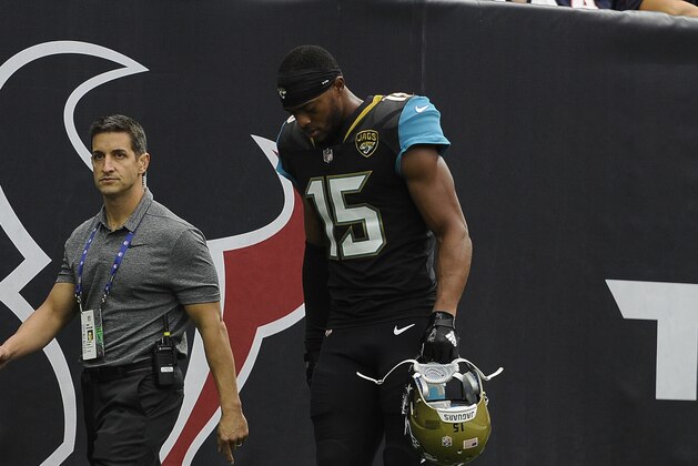 Jacksonville Jaguars wide receiver Allen Robinson (15) walks off the field with an injury in the first half of an NFL football game Sunday, Sept. 10, 2017, in Houston. (AP Photo/Eric Christian Smith)