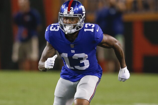 New York Giants wide receiver Odell Beckham (13) plays against the Cleveland Browns during the first half of an NFL preseason football game, Monday, Aug. 21, 2017, in Cleveland. (AP Photo/Ron Schwane)