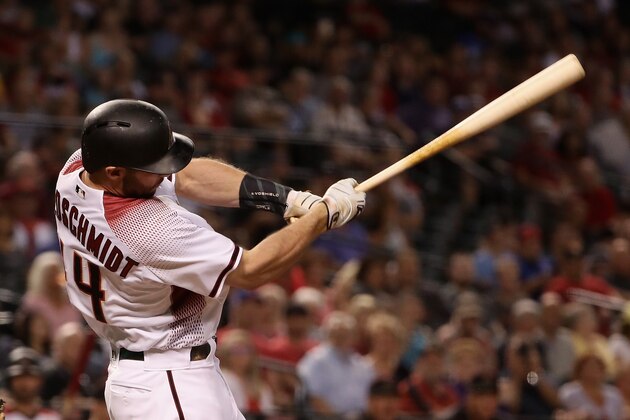 PHOENIX, AZ - SEPTEMBER 13:  Paul Goldschmidt #44 of the Arizona Diamondbacks hits a single against the Colorado Rockies during the first inning of the MLB game at Chase Field on September 13, 2017 in Phoenix, Arizona.  (Photo by Christian Petersen/Getty Images)