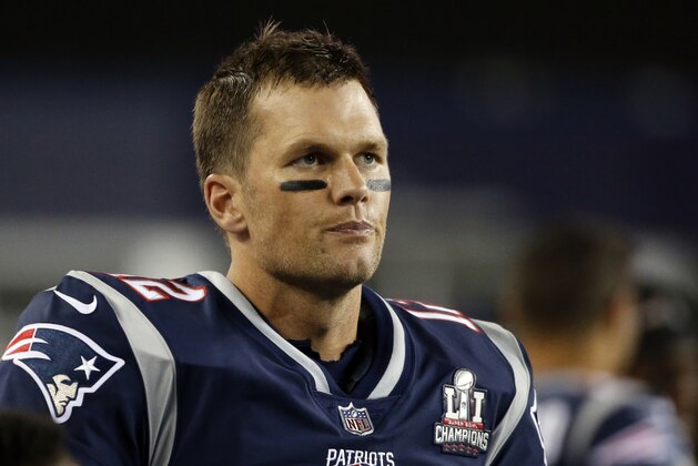 New England Patriots quarterback Tom Brady watches play from the sideline during the second half of an NFL football game against the Kansas City Chiefs, Thursday, Sept. 7, 2017, in Foxborough, Mass. (AP Photo/Michael Dwyer)