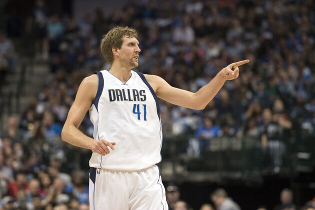 Apr 11, 2017; Dallas, TX, USA; Dallas Mavericks forward Dirk Nowitzki (41) celebrates making a basket against the Denver Nuggets at the American Airlines Center. Mandatory Credit: Jerome Miron-USA TODAY Sports
