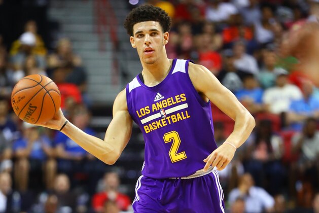 Jul 15, 2017; Las Vegas, NV, USA; Los Angeles Lakers guard Lonzo Ball against the Brooklyn Nets during an NBA Summer League game at Thomas & Mack Center. Mandatory Credit: Mark J. Rebilas-USA TODAY Sports