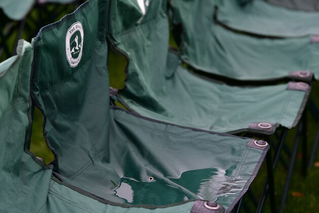 EVIAN-LES-BAINS, FRANCE - SEPTEMBER 14:  Rain water sits in sponsored spectator seats on the 18th hole during the delayed first round of The Evian Championship at Evian Resort Golf Club on September 14, 2017 in Evian-les-Bains, France.  (Photo by Stuart Franklin/Getty Images)