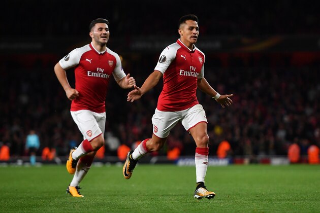 LONDON, ENGLAND - SEPTEMBER 14:  Alexis Sanchez of Arsenal celebrates scoring the 2nd arsenal goal with Sead Kolasinac of Arsenal during the UEFA Europa League group H match between Arsenal FC and 1. FC Koeln at Emirates Stadium on September 14, 2017 in London, United Kingdom.  (Photo by Dan Mullan/Getty Images)