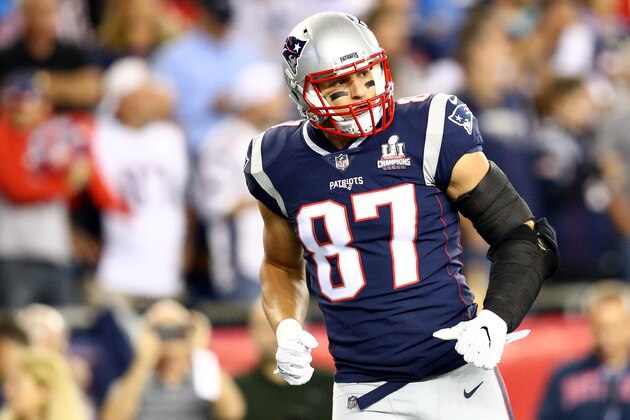 BOSTON, MA - SEPTEMBER 7: Rob Gronkowski #87 of the New England Patriots looks on before the game against the Kansas City Chiefs at Gillette Stadium on September 7, 2017 in Foxboro, Massachusetts. (Photo by Maddie Meyer/Getty Images)