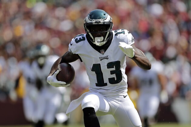 Philadelphia Eagles wide receiver Nelson Agholor rushes for a touchdown in the first half of an NFL football game against the Washington Redskins, Sunday, Sept. 10, 2017, in Landover, Md. (AP Photo/Mark Tenally)