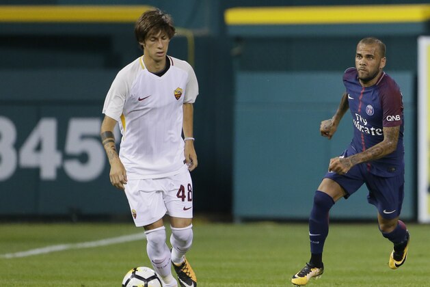 DETROIT, MI - JULY 19:  Thiago Silva #2 of Paris Saint-Germain moves to defend against Mirko Antonucci #48 of AS Roma during the second half at Comerica Park on July 19, 2017 in Detroit, Michigan. (Photo by Duane Burleson/Getty Images)