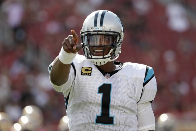 Carolina Panthers quarterback Cam Newton (1) gestures against the San Francisco 49ers during an NFL football game in Santa Clara, Calif., Sunday, Sept. 10, 2017. (AP Photo/Marcio Jose Sanchez)