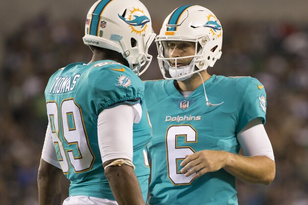 PHILADELPHIA, PA - AUGUST 24: Julius Thomas #89 and Jay Cutler #6 of the Miami Dolphins react after a touchdown by Thomas in the second quarter against the Philadelphia Eagles in the preseason game at Lincoln Financial Field on August 24, 2017 in Philadelphia, Pennsylvania. The Eagles defeated the Dolphins 38-31. (Photo by Mitchell Leff/Getty Images)