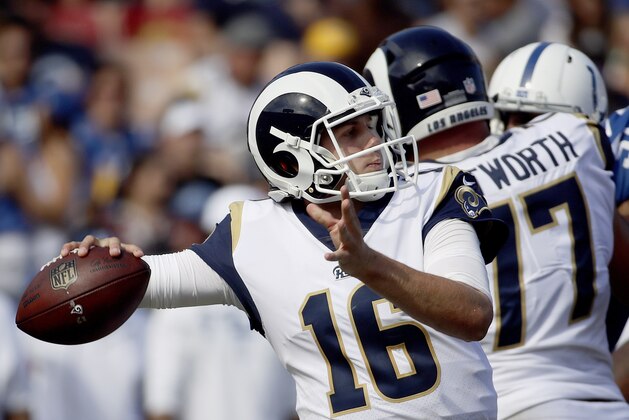 Los Angeles Rams quarterback Jared Goff (16) throws the ball against the Indianapolis Colts during the second half of an NFL football game Sunday, Sept. 10, 2017, in Los Angeles. (AP Photo/Alex Gallardo)