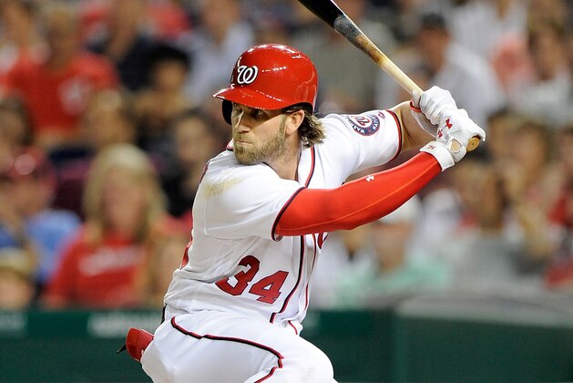 WASHINGTON, DC - AUGUST 10:  Bryce Harper #34 of the Washington Nationals bats against the Miami Marlins at Nationals Park on August 10, 2017 in Washington, DC.  (Photo by G Fiume/Getty Images)