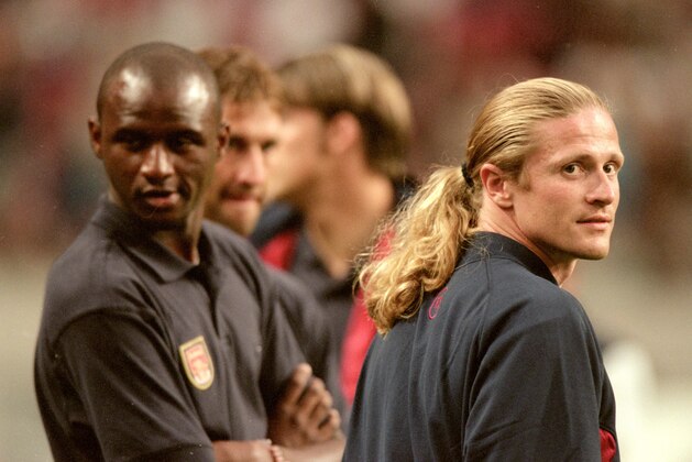 3 Aug 2000:  Patrick Vieira (left) of Arsenal chats to former team-mate Emmanuel Petit (right) of Barcelona during the Pre-Season Friendly Tournament match at the Amsterdam ArenA, in Amsterdam, Holland. Barcelona won the match 2-1. \ Mandatory Credit: Shaun Botterill /Allsport