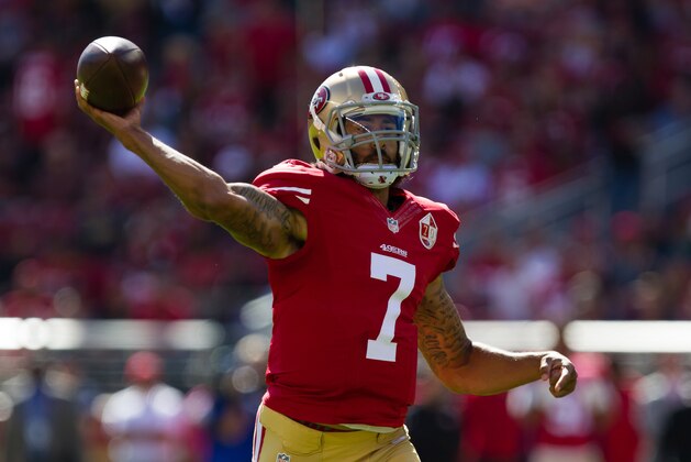 Oct 23, 2016; Santa Clara, CA, USA; San Francisco 49ers quarterback Colin Kaepernick (7) throws the football against the Tampa Bay Buccaneers during the first quarter at Levi's Stadium. Mandatory Credit: Kelley L Cox-USA TODAY Sports
