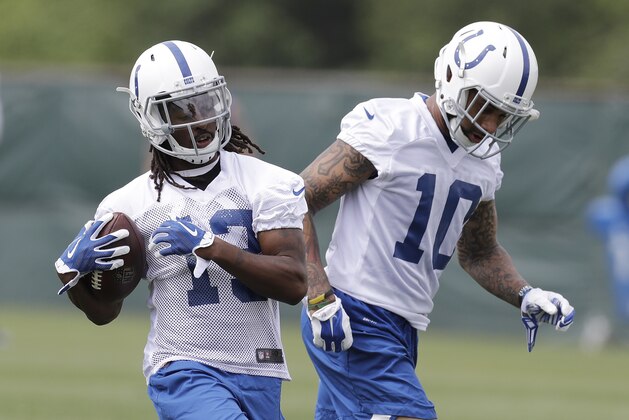 Indianapolis Colts' T.Y. Hilton (13) makes a catch against Donte Moncrief (10) during the team's organized team activities at its NFL football training facility, Tuesday, May 23, 2017, in Indianapolis. (AP Photo/Darron Cummings)
