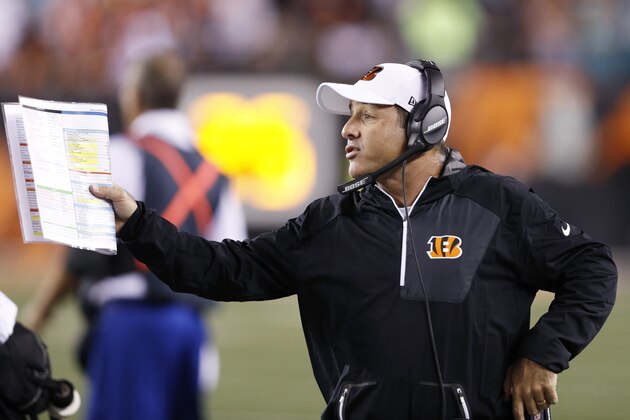 CINCINNATI, OH - SEPTEMBER 29: Offensive coordinator Ken Zampese of the Cincinnati Bengals reacts during the game against the Miami Dolphins at Paul Brown Stadium on September 29, 2016 in Cincinnati, Ohio. The Bengals defeated the Dolphins 22-7. (Photo by Joe Robbins/Getty Images)