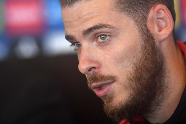 Manchester United's Spanish goalkeeper David de Gea attends a press conference at at Old Trafford in Manchester, north-west England on September 11, 2017, on the eve of their UEFA Champions League Group A football match against FC Basel. / AFP PHOTO / Paul ELLIS        (Photo credit should read PAUL ELLIS/AFP/Getty Images)
