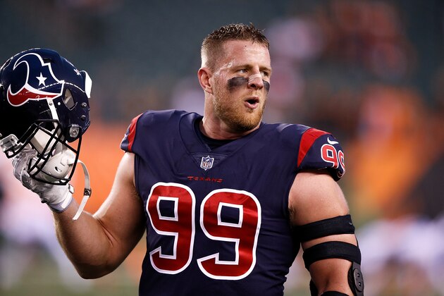 CINCINNATI, OH - SEPTEMBER 14: J.J. Watt #99 of the Houston Texans looks on prior to the start of the game against the Cincinnati Bengals at Paul Brown Stadium on September 14, 2017 in Cincinnati, Ohio. (Photo by Joe Robbins/Getty Images)