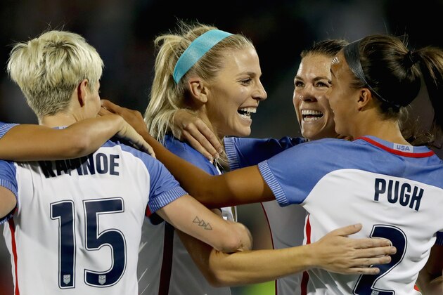 COMMERCE CITY, CO - SEPTEMBER 15: Megan Rapinoe #15, Julie Ertz #8, Kelley O'Hara #5 and Mallory Pugh #2 of the United States celebrate Ertz'z second goal in the first half against New Zealand at Dick's Sporting Goods Park on September 15, 2017 in Commerce City, Colorado.  (Photo by Matthew Stockman/Getty Images)